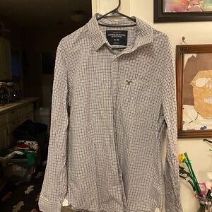 American Eagle Outfitters White and Navy Checked Button-Down Shirt